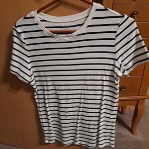 Eddie Bauer White with Navy Blue Stripes  Short- Sleeve Top - Size Womens L